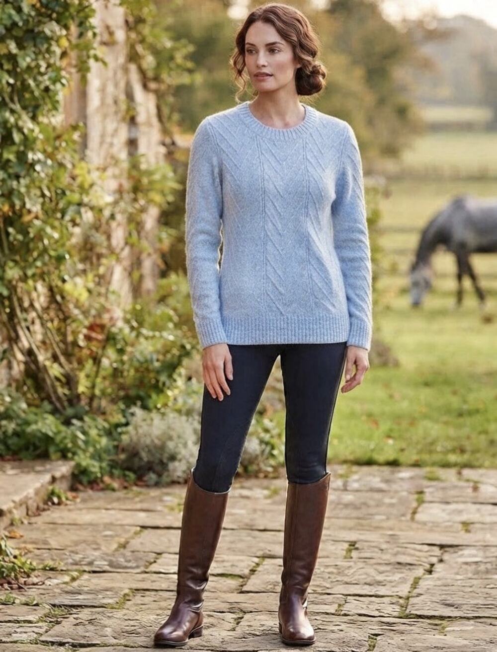 CROFT & Barrow Light Blue Sweater Chevron Cable Knit Cozy Classic Fisherman L